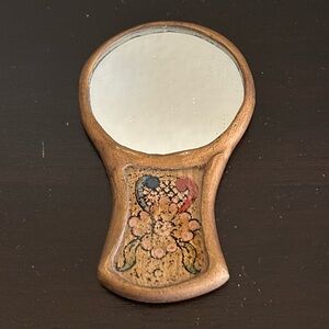 Vintage hand-painted reverse-painted glass and wood hand mirror brown 4x2.5”